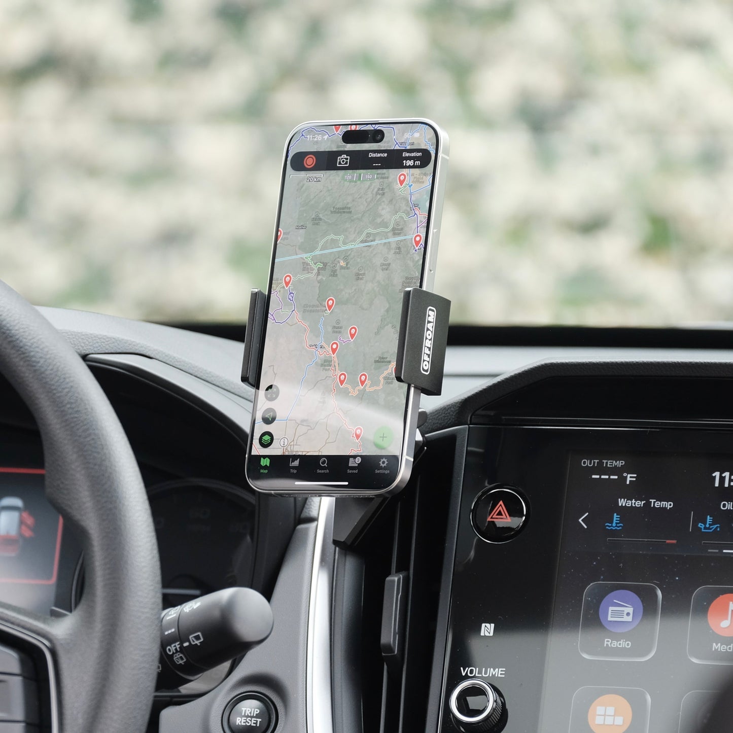 Image of Offroam Phone Mount installed securely in Subaru Crosstrek 2024-2026 | Impreza 2024-2026 | WRX 2022-2026. This premium phone mount installs easily without drilling or glue. Spring loaded Universal holder for use with any phone. Perfect placement without blocking screens, driver view, or air flow. Fully adjustable positioning.