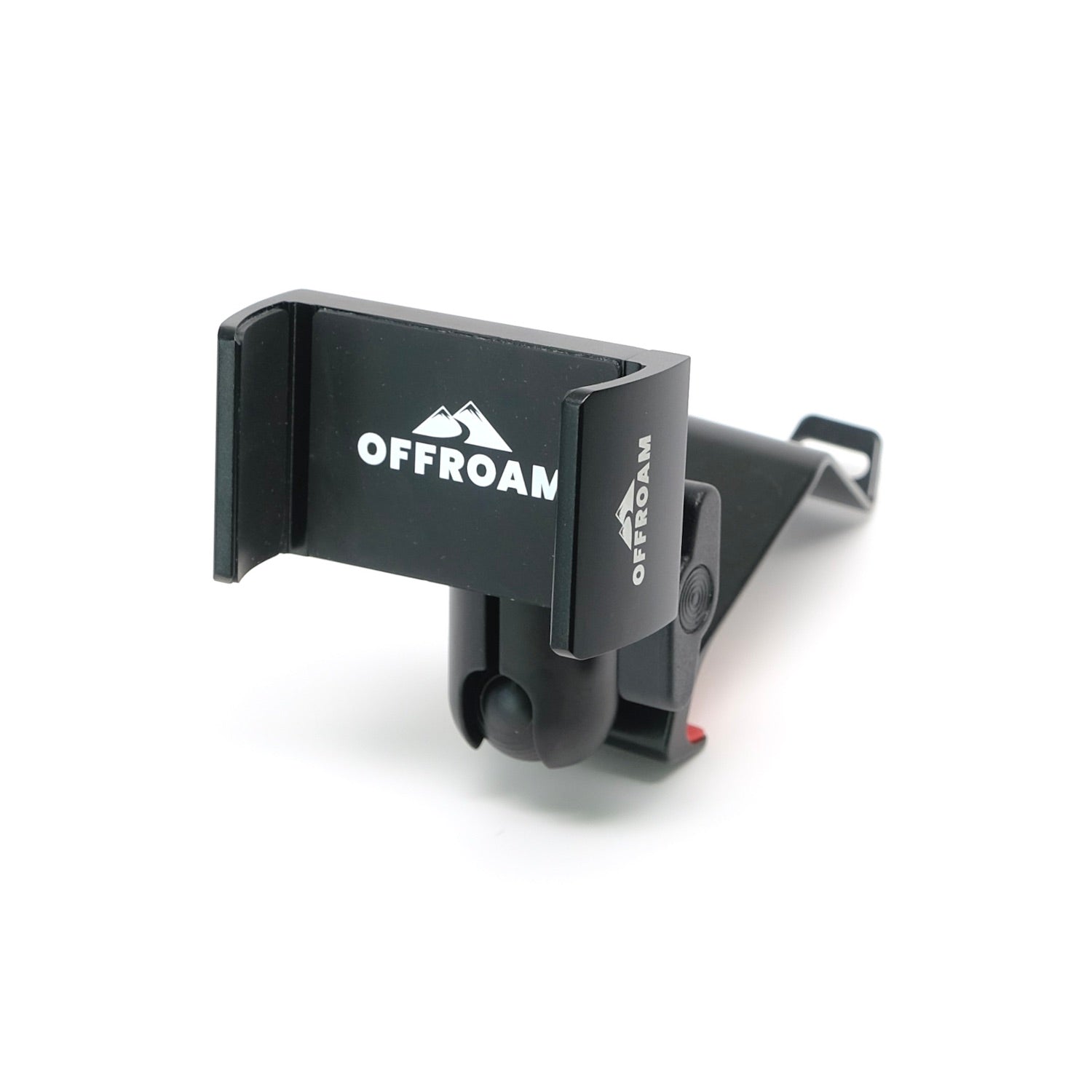 Image of Offroam Phone Mount for Jeep Wrangler 2018-2023 | Gladiator 2019-2023. This premium phone mount installs easily without drilling or glue. Spring loaded Universal holder for use with any phone. Perfect placement without blocking screens, driver view, or air flow. Fully adjustable positioning.