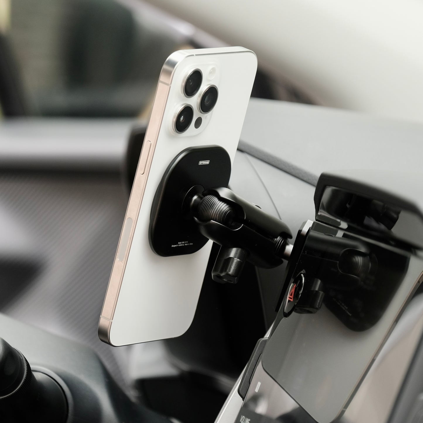 Image of Offroam MagSafe-compatible Phone Mount installed securely in Subaru Crosstrek 2024-2026 | Impreza 2024-2026 | WRX 2022-2026. This premium phone mount installs easily without drilling or glue. High force magnets hold phone on any trail, road, or track. Perfect placement without blocking screens, driver view, or air flow. Fully adjustable positioning.