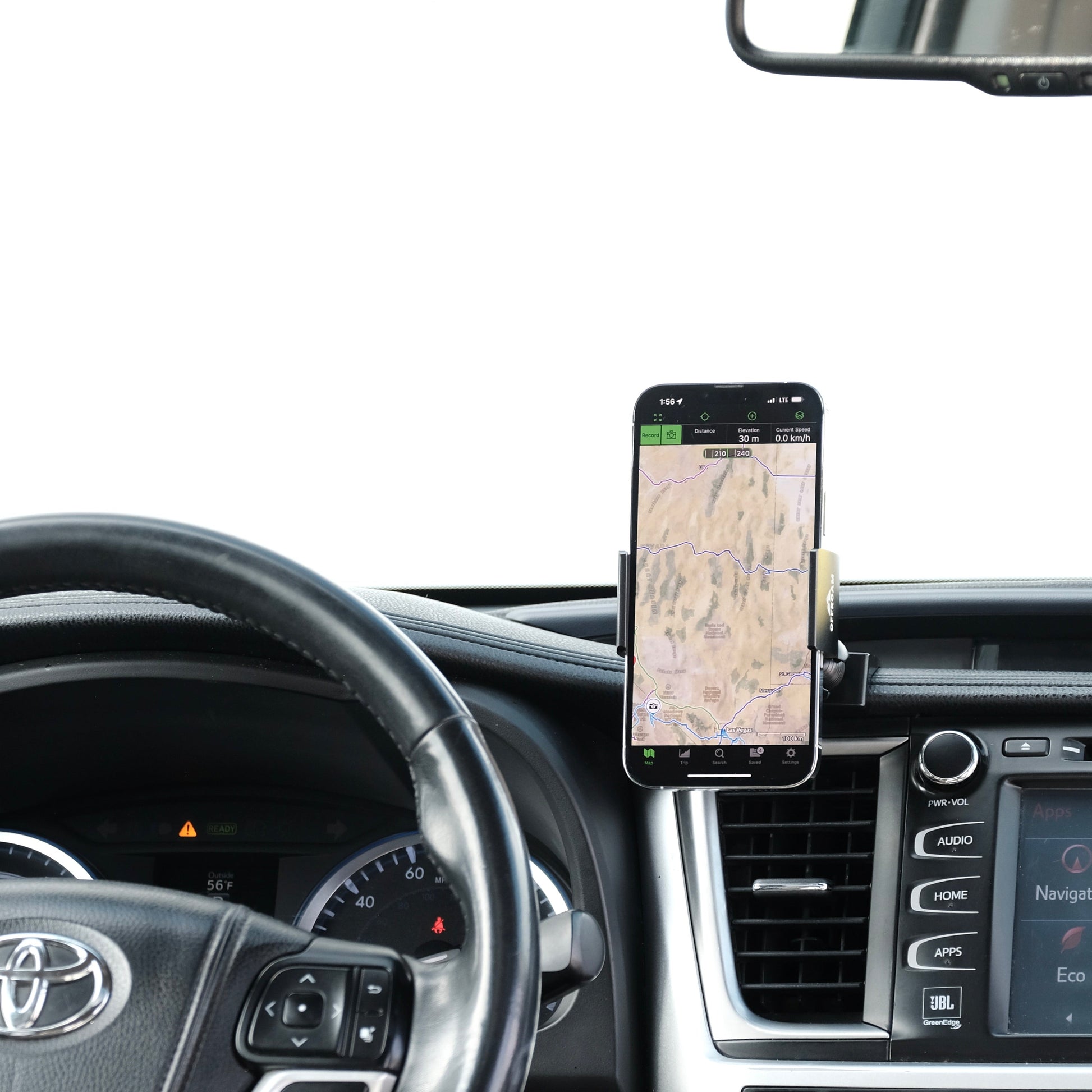 Image of Offroam Phone Mount installed securely in Toyota Highlander 2014-2019. This premium phone mount installs easily without drilling or glue. Spring loaded Universal holder for use with any phone. Perfect placement without blocking screens, driver view, or air flow. Fully adjustable positioning.