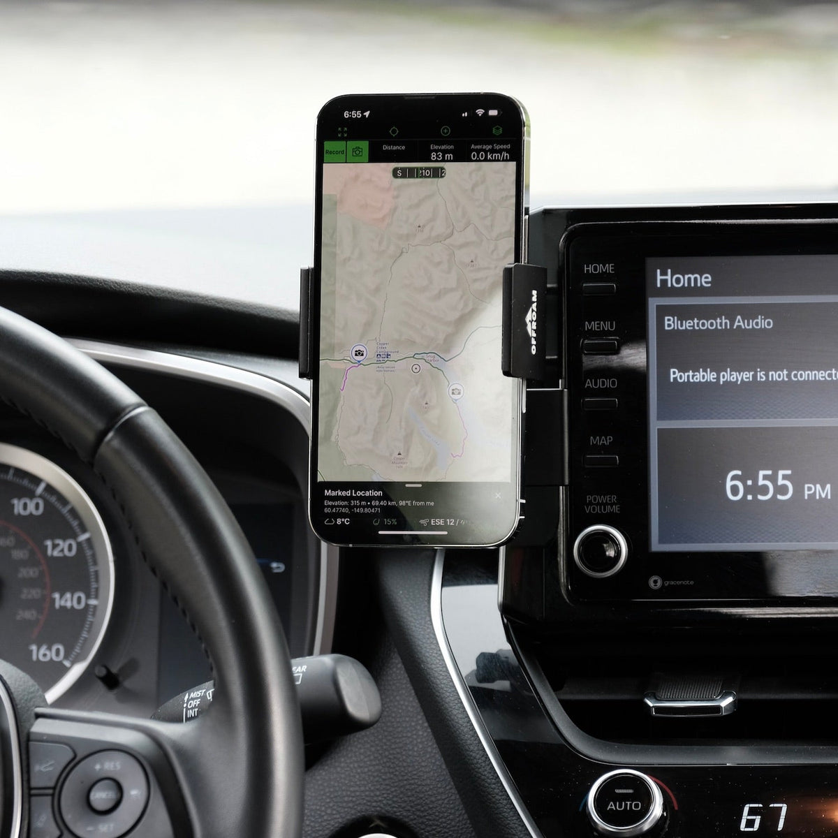 Image of Offroam Phone Mount installed in Toyota Corolla 2020-2026 | Corolla Cross 2022-2026. This premium mount installs easily without drilling or glue. Perfect, adjustable placement won't block screens, driver view, or airflow.