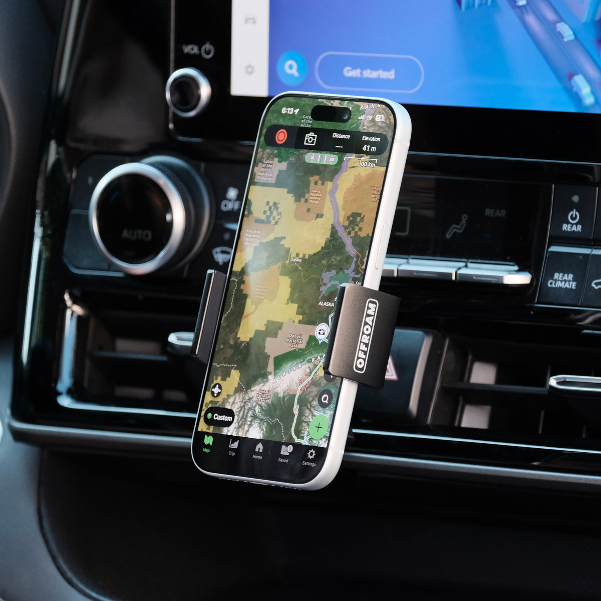 Image of Offroam Phone Mount installed securely in Toyota Highlander 2020-2026. This premium phone mount installs easily without drilling or glue. Spring loaded Universal holder for use with any phone. Perfect placement without blocking screens, driver view, or air flow. Fully adjustable positioning.