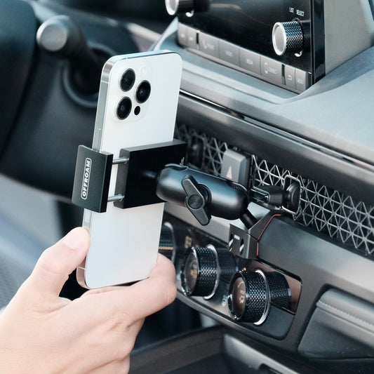 Image of Offroam Phone Mount installed securely in Honda Accord 2023-2026. This premium phone mount installs easily without drilling or glue. Spring loaded Universal holder for use with any phone. Perfect placement without blocking screens, driver view, or air flow. Fully adjustable positioning.