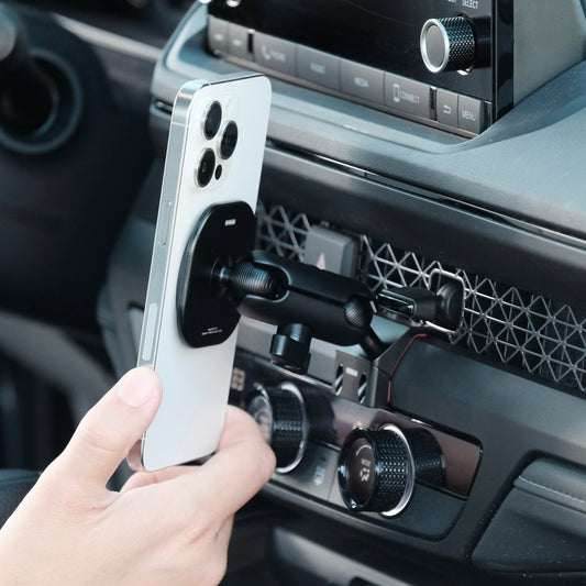 Image of Offroam MagSafe-compatible Phone Mount installed securely in Honda Accord 2023-2026. This premium phone mount installs easily without drilling or glue. High force magnets hold phone on any trail, road, or track. Perfect placement without blocking screens, driver view, or air flow. Fully adjustable positioning.