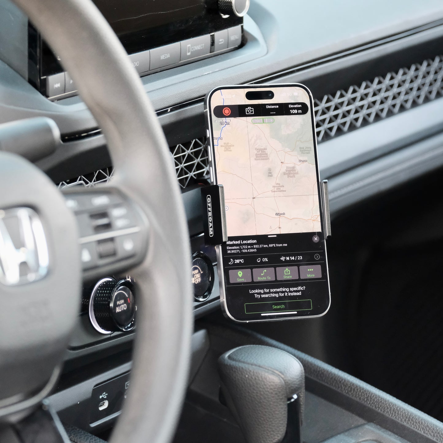 Image of Offroam Phone Mount installed securely in Honda Accord 2023-2026. This premium phone mount installs easily without drilling or glue. Spring loaded Universal holder for use with any phone. Perfect placement without blocking screens, driver view, or air flow. Fully adjustable positioning.
