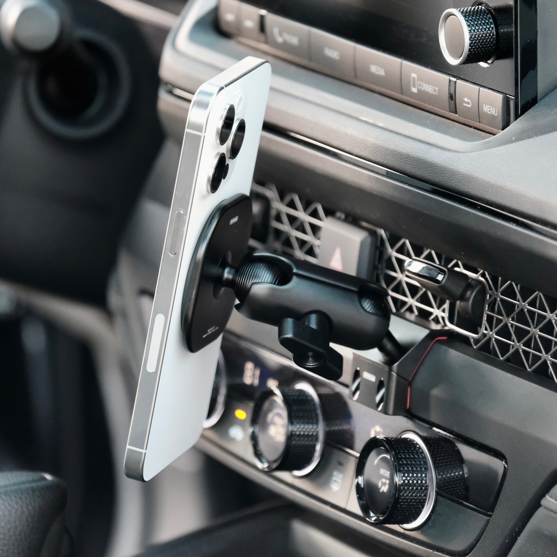 Image of Offroam MagSafe-compatible Phone Mount installed securely in Honda Accord 2023-2026. This premium phone mount installs easily without drilling or glue. High force magnets hold phone on any trail, road, or track. Perfect placement without blocking screens, driver view, or air flow. Fully adjustable positioning.