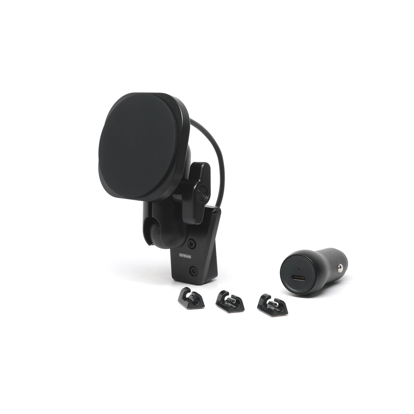 Image of Offroam MagSafe-compatible Phone Mount for Subaru Forester 2025-2026. This premium phone mount installs easily without drilling or glue. High force magnets hold phone on any trail, road, or track. Perfect placement without blocking screens, driver view, or air flow. Fully adjustable positioning.