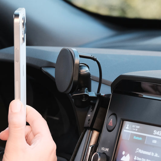 Image of Offroam MagSafe-compatible Phone Mount installed securely in Subaru Forester 2025-2026. This premium phone mount installs easily without drilling or glue. High force magnets hold phone on any trail, road, or track. Perfect placement without blocking screens, driver view, or air flow. Fully adjustable positioning.