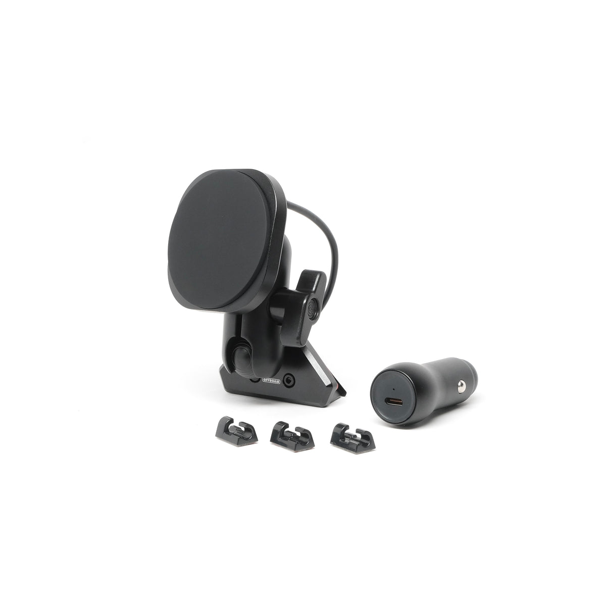 Offroam phone mount for Volvo XC60 2018-2026 models with Qi2 charging holder. Shown on white background with 12V power adapter, cable management clips and USB-C cable.