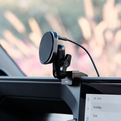 Image of Offroam MagSafe-compatible Phone Mount installed securely in Toyota Land Cruiser 250 2024-2027. This premium phone mount installs easily without drilling or glue. High force magnets hold phone on any trail, road, or track. Perfect placement without blocking screens, driver view, or air flow. Fully adjustable positioning.