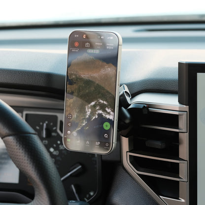 Image of Offroam MagSafe-compatible Phone Mount installed securely in Toyota Tundra 2022-2026 | Sequoia 2023-2026. This premium phone mount installs easily without drilling or glue. High force magnets hold phone on any trail, road, or track. Perfect placement without blocking screens, driver view, or air flow. Fully adjustable positioning.