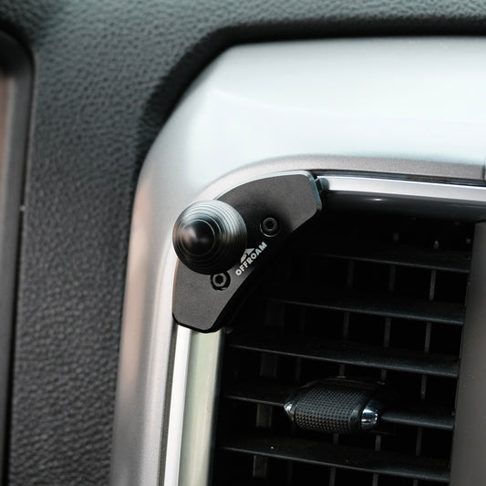 Image of Offroam Mounting Base installed securely in Ram 1500/2500/3500 2013-2018 & Ram Classic 2019-2024. This premium all metal phone mounting base installs easily without drilling or glue. Perfect placement without blocking screens, driver view, or air flow.