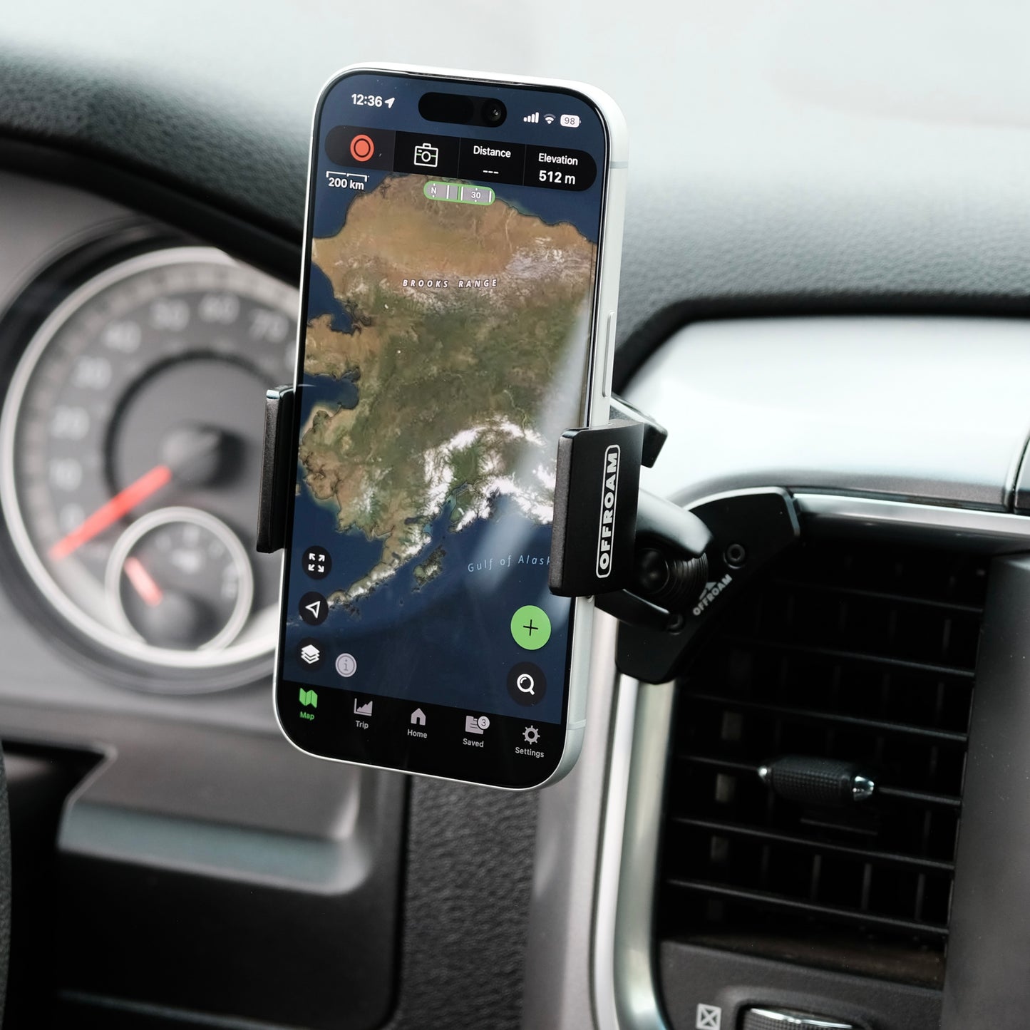 Image of Offroam Phone Mount installed securely in Ram 1500/2500/3500 2013-2018 & Ram Classic 2019-2024. This premium phone mount installs easily without drilling or glue. Spring loaded Universal holder for use with any phone. Perfect placement without blocking screens, driver view, or air flow. Fully adjustable positioning.