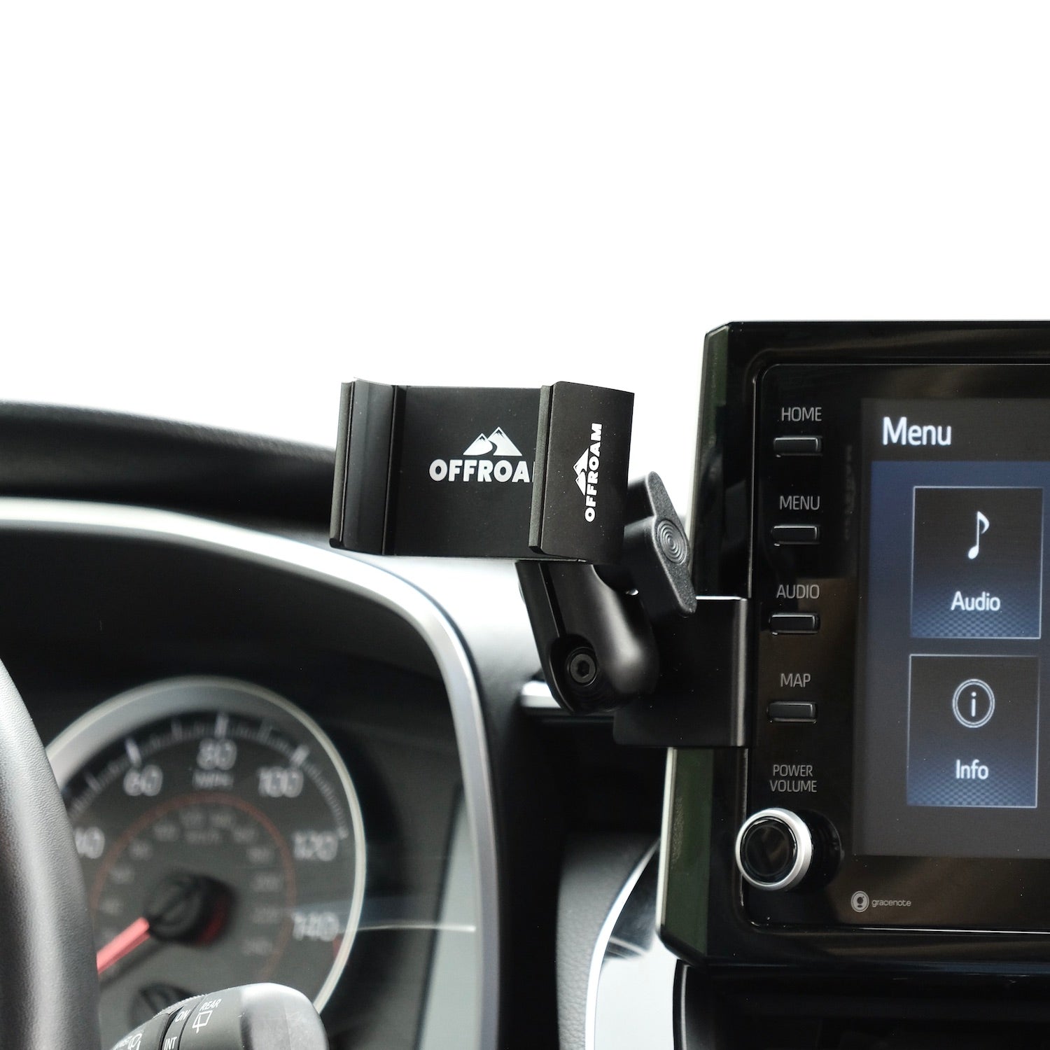 Image of Offroam Phone Mount installed securely in Toyota Corolla 2020-2026 | Corolla Cross 2022-2026. This premium phone mount installs easily without drilling or glue. Spring loaded Universal holder for use with any phone. Perfect placement without blocking screens, driver view, or air flow. Fully adjustable positioning.