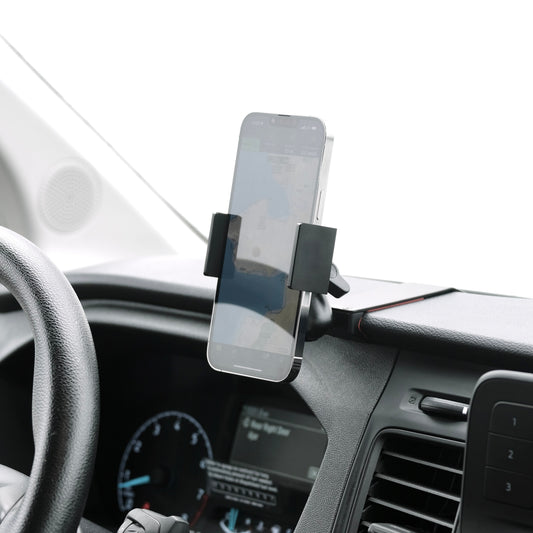 Image of Offroam Phone Mount installed securely in Ford Transit 2020-2025. This premium phone mount installs easily without drilling or glue. Spring loaded Universal holder for use with any phone. Perfect placement without blocking screens, driver view, or air flow. Fully adjustable positioning.