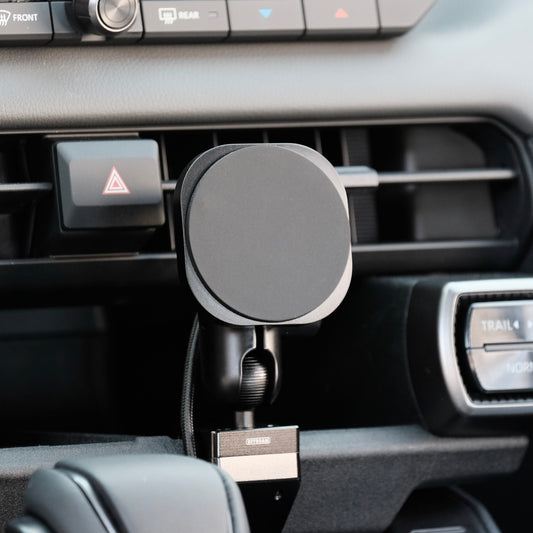 Image of Offroam MagSafe-compatible Phone Mount installed securely in Toyota RAV4 2026. This premium phone mount installs easily without drilling or glue. High force magnets hold phone on any trail, road, or track. Perfect placement without blocking screens, driver view, or air flow. Fully adjustable positioning.