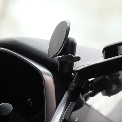Image of Offroam MagSafe-compatible Phone Mount installed securely in Subaru Outback | Legacy 2020-2025. This premium phone mount installs easily without drilling or glue. High force magnets hold phone on any trail, road, or track. Perfect placement without blocking screens, driver view, or air flow. Fully adjustable positioning.