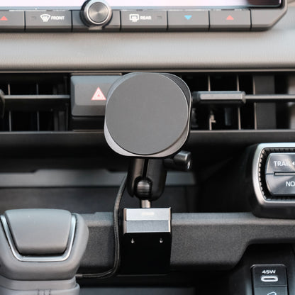 Image of Offroam MagSafe-compatible Phone Mount installed securely in Toyota RAV4 2026. This premium phone mount installs easily without drilling or glue. High force magnets hold phone on any trail, road, or track. Perfect placement without blocking screens, driver view, or air flow. Fully adjustable positioning.