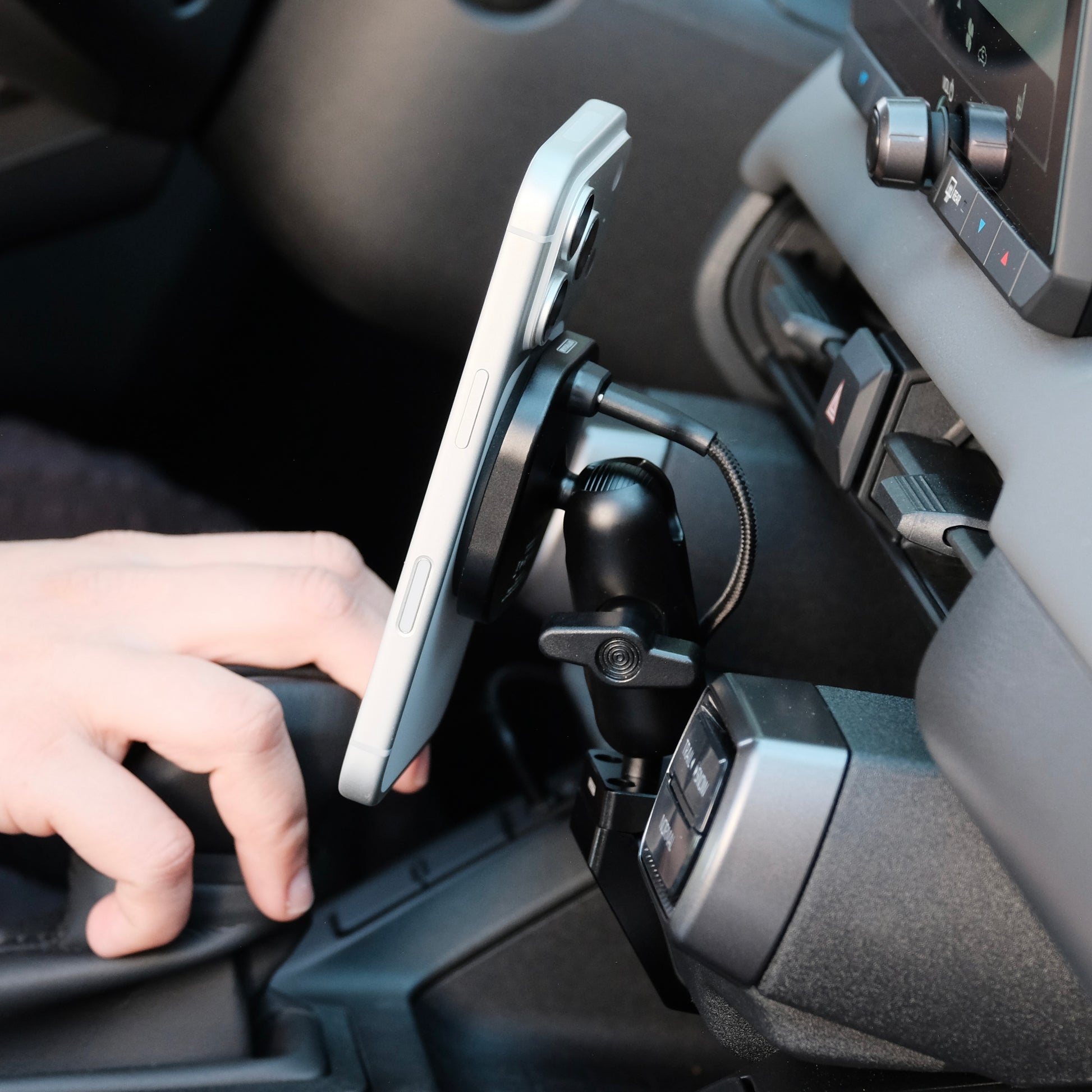Image of Offroam MagSafe-compatible Phone Mount installed securely in Toyota RAV4 2026. This premium phone mount installs easily without drilling or glue. High force magnets hold phone on any trail, road, or track. Perfect placement without blocking screens, driver view, or air flow. Fully adjustable positioning.