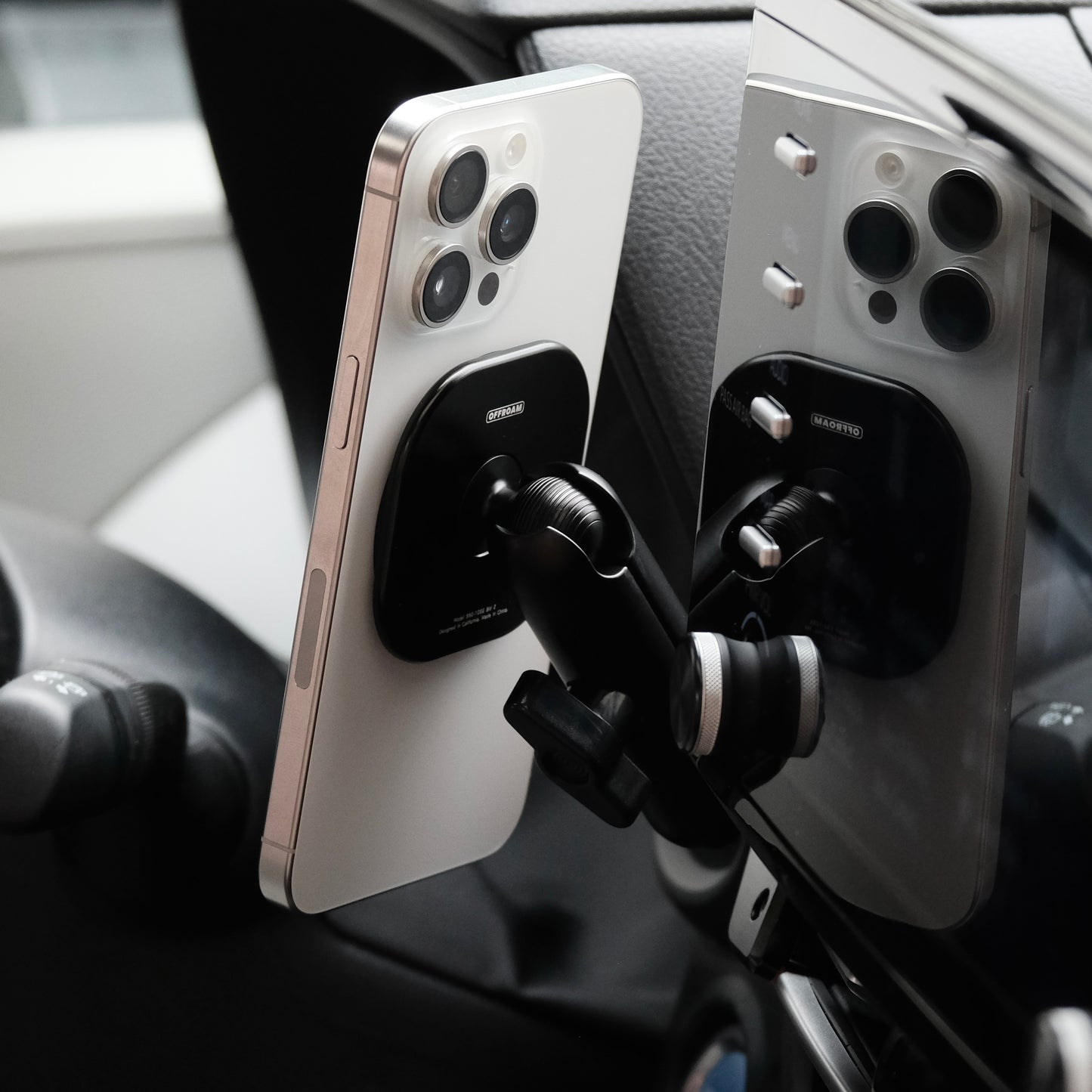 Image of Offroam MagSafe-compatible Phone Mount installed securely in Toyota Sienna 2021-2026. This premium phone mount installs easily without drilling or glue. High force magnets hold phone on any trail, road, or track. Perfect placement without blocking screens, driver view, or air flow. Fully adjustable positioning.