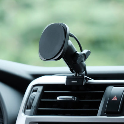 Image of Offroam MagSafe-compatible Phone Mount installed securely in Toyota 4Runner 2010-2024. This premium phone mount installs easily without drilling or glue. High force magnets hold phone on any trail, road, or track. Perfect placement without blocking screens, driver view, or air flow. Fully adjustable positioning.