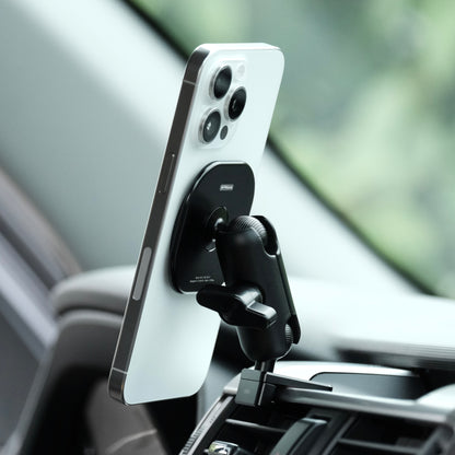 Image of Offroam MagSafe-compatible Phone Mount installed securely in Toyota 4Runner 2010-2024. This premium phone mount installs easily without drilling or glue. High force magnets hold phone on any trail, road, or track. Perfect placement without blocking screens, driver view, or air flow. Fully adjustable positioning.