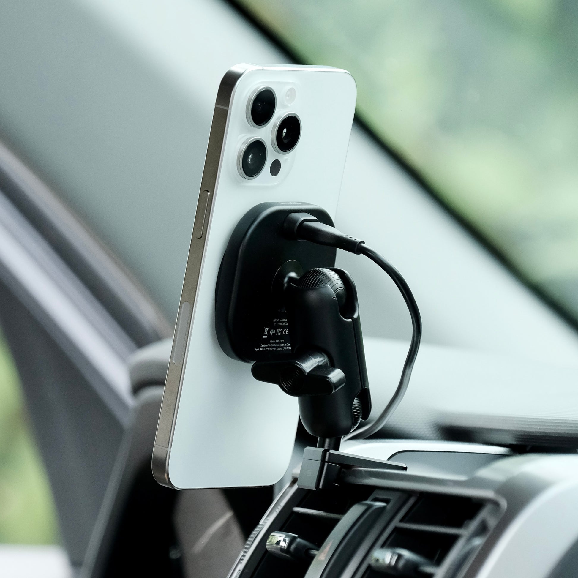 Image of Offroam MagSafe-compatible Phone Mount installed securely in Toyota 4Runner 2010-2024. This premium phone mount installs easily without drilling or glue. High force magnets hold phone on any trail, road, or track. Perfect placement without blocking screens, driver view, or air flow. Fully adjustable positioning.