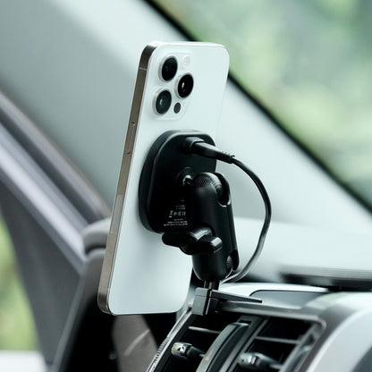 Image of Offroam MagSafe-compatible Phone Mount installed securely in Toyota 4Runner 2010-2024. This premium phone mount installs easily without drilling or glue. High force magnets hold phone on any trail, road, or track. Perfect placement without blocking screens, driver view, or air flow. Fully adjustable positioning.