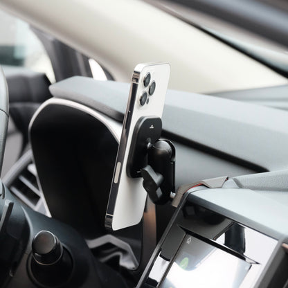 Image of Offroam MagSafe-compatible Phone Mount installed securely in Subaru Crosstrek 2018-2023 | Forester 2019-2024| Impreza 2017-2023. This premium phone mount installs easily without drilling or glue. High force magnets hold phone on any trail, road, or track. Perfect placement without blocking screens, driver view, or air flow. Fully adjustable positioning.
