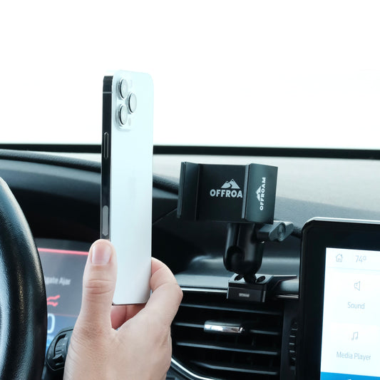Image of Offroam Phone Mount installed securely in Ford Explorer 2020-2024. This premium phone mount installs easily without drilling or glue. Spring loaded Universal holder for use with any phone. Perfect placement without blocking screens, driver view, or air flow. Fully adjustable positioning.