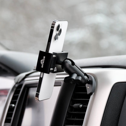 Image of Offroam Phone Mount installed securely in Ram 1500/2500/3500 2013-2018 & Ram Classic 2019-2024. This premium phone mount installs easily without drilling or glue. Spring loaded Universal holder for use with any phone. Perfect placement without blocking screens, driver view, or air flow. Fully adjustable positioning.