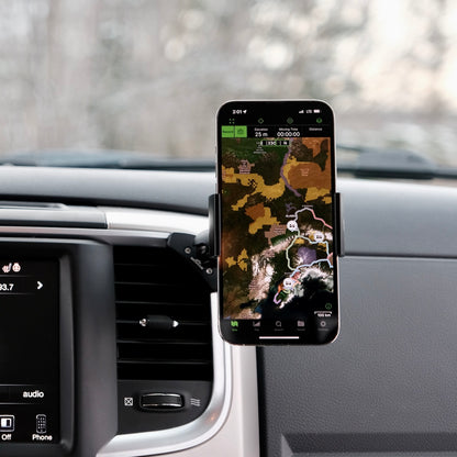 Image of Offroam Phone Mount installed securely in Ram 1500/2500/3500 2013-2018 | Ram Classic 2019-2024. This premium phone mount installs easily without drilling or glue. Spring loaded Universal holder for use with any phone. Perfect placement without blocking screens, driver view, or air flow. Fully adjustable positioning.