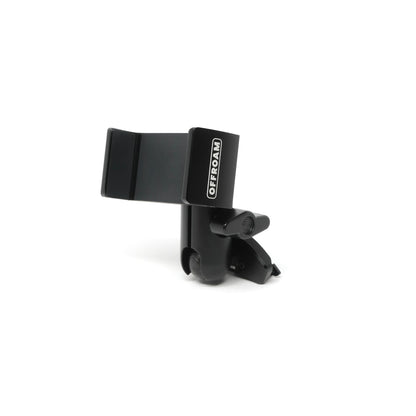 Image of Offroam Phone Mount installed securely in Ram 1500/2500/3500 2013-2018 & Ram Classic 2019-2024. This premium phone mount installs easily without drilling or glue. Spring loaded Universal holder for use with any phone. Perfect placement without blocking screens, driver view, or air flow. Fully adjustable positioning.