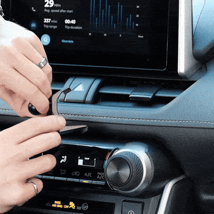 Animation of Offroam Mounting Base installation for Toyota RAV4 2019-2025. This premium all metal phone mounting base installs easily without drilling or glue. Perfect placement without blocking screens, driver view, or air flow.