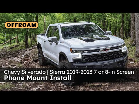Video of Offroam Phone Mount installation for Chevrolet Silverado 2019-2024 | Silverado HD 2020-2024 and GMC Sierra 1500 2019-2021 | Sierra HD 2020-2023 with 7-in.|8-in. display. This premium phone mount installs easily without drilling or glue. Spring loaded Universal holder for use with any phone. Perfect placement without blocking screens, driver view, or air flow. Fully adjustable positioning.