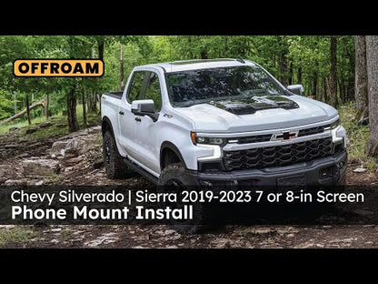 Video of Offroam Phone Mount installation for Chevrolet Silverado 2019-2024 | Silverado HD 2020-2024 and GMC Sierra 1500 2019-2021 | Sierra HD 2020-2023 with 7-in.|8-in. display. This premium phone mount installs easily without drilling or glue. Spring loaded Universal holder for use with any phone. Perfect placement without blocking screens, driver view, or air flow. Fully adjustable positioning.