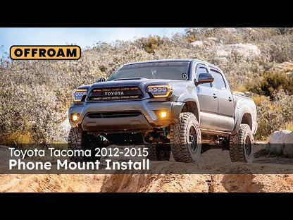 Video of Offroam Phone Mount installation for Toyota Tacoma 2012-2015. This premium phone mount installs easily without drilling or glue. Spring loaded Universal holder for use with any phone. Perfect placement without blocking screens, driver view, or air flow. Fully adjustable positioning.
