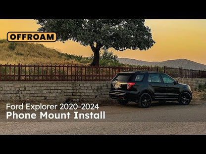 Video of Offroam Phone Mount installation for Ford Explorer 2020-2024. This premium phone mount installs easily without drilling or glue. Spring loaded Universal holder for use with any phone. Perfect placement without blocking screens, driver view, or air flow. Fully adjustable positioning.