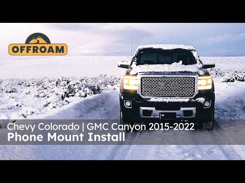 Video of Offroam Phone Mount installation for Chevy Colorado | GMC Canyon 2015-2022. This premium phone mount installs easily without drilling or glue. High force magnets hold phone on any trail, road, or track. Perfect placement without blocking screens, driver view, or air flow. Fully adjustable positioning.