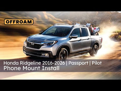 Video of Offroam Mounting Base installation for Honda Ridgeline 2016-2026 | Passport 2019-2025 | Pilot 2016-2022. This premium all metal phone mounting base installs easily without drilling or glue. Perfect placement without blocking screens, driver view, or air flow.