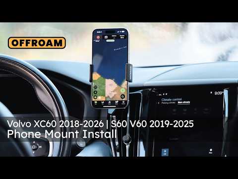 Video of Offroam Universal and MagSafe-compatible Phone Mount installation for Volvo XC60 2018-2026. This premium phone mount installs easily without drilling or glue. Spring loaded Universal holder or MagSafe-compatible holder with high force magnets hold phone on any trail, road, or track. Perfect placement without blocking screens, driver view, or air flow. Fully adjustable positioning.