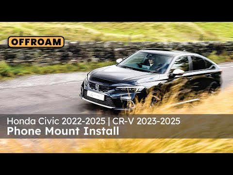 Video of Offroam Phone Mount installation for Honda Civic 2022-2025 | CR-V 2023-2025. This premium phone mount installs easily without drilling or glue. Spring loaded Universal holder for use with any phone. Perfect placement without blocking screens, driver view, or air flow. Fully adjustable positioning.