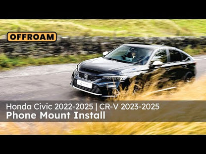 Video of Offroam Phone Mount installation for Honda Civic 2022-2025 | CR-V 2023-2025. This premium phone mount installs easily without drilling or glue. Spring loaded Universal holder for use with any phone. Perfect placement without blocking screens, driver view, or air flow. Fully adjustable positioning.