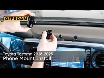 Video of Offroam Universal and MagSafe-compatible Phone Mount installation for Toyota Tacoma 2016-2023. This premium phone mount installs easily without drilling or glue. Spring loaded Universal holder or MagSafe-compatible holder with high force magnets hold phone on any trail, road, or track. Perfect placement without blocking screens, driver view, or air flow. Fully adjustable positioning.