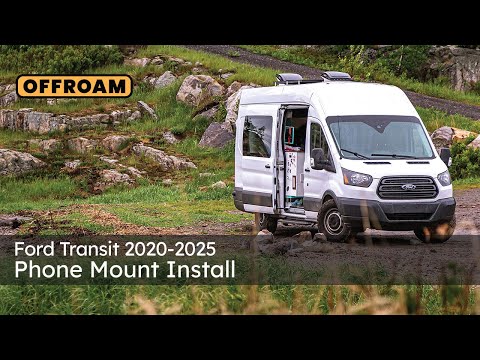 Video of Offroam Phone Mount installation for Ford Transit 2020-2025. This premium phone mount installs easily without drilling or glue. High force magnets hold phone on any trail, road, or track. Perfect placement without blocking screens, driver view, or air flow. Fully adjustable positioning.