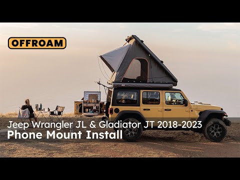 Video of Offroam Phone Mount installation for Jeep Wrangler 2018-2023 | Gladiator 2019-2023. This premium phone mount installs easily without drilling or glue. Spring loaded Universal holder for use with any phone. Perfect placement without blocking screens, driver view, or air flow. Fully adjustable positioning.
