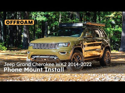 Video of Offroam Phone Mount installation for Jeep Grand Cherokee WK2 2014-2022. This premium phone mount installs easily without drilling or glue. Spring loaded Universal holder for use with any phone. Perfect placement without blocking screens, driver view, or air flow. Fully adjustable positioning.