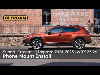 Video of Offroam Phone Mount installation for Subaru Crosstrek 2024-2025 | Impreza 2024-2025 | WRX 2022-2025. This premium phone mount installs easily without drilling or glue. Spring loaded Universal holder for use with any phone. Perfect placement without blocking screens, driver view, or air flow. Fully adjustable positioning.
