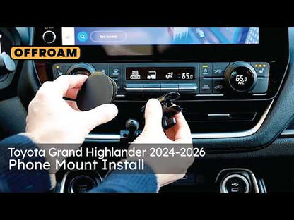 Video of Offroam Phone Mount installation for Toyota Grand Highlander 2024-2026. This premium phone mount installs easily without drilling or glue. Spring loaded Universal holder for use with any phone. Perfect placement without blocking screens, driver view, or air flow. Fully adjustable positioning.