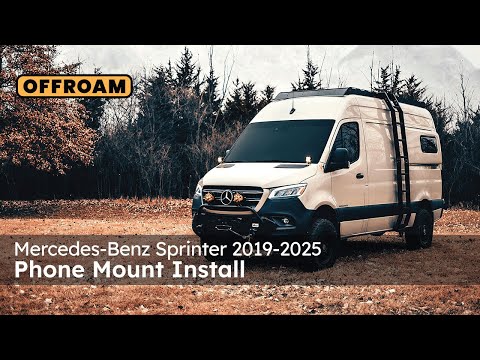 Video of Offroam Phone Mount installation for Mercedes-Benz Sprinter 2019-2025. This premium phone mount installs easily without drilling or glue. Spring loaded Universal holder for use with any phone. Perfect placement without blocking screens, driver view, or air flow. Fully adjustable positioning.